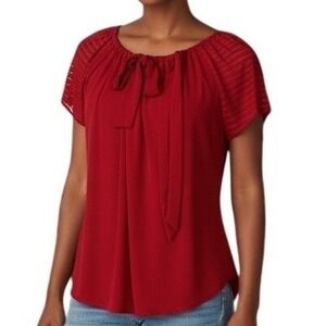 ATELIER 29 Red Bow Tie Neck Short Sleeve Top Women XL Festive Textured Ballet